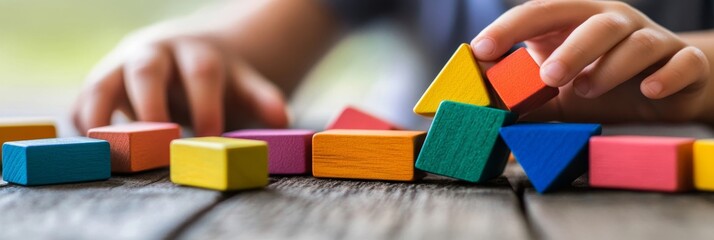 Brightly colored wooden geometric blocks are being arranged by a child's hands on a wooden table, fostering creativity and fine motor skills during playtime