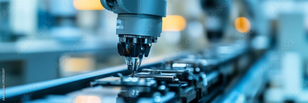Poster a robotic arm precisely engages with automotive parts on an assembly line within an advanced factory