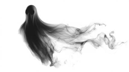 Realistic Halloween ghost shadow PNG. Transparent isolated phantom. Flying spooky dead soul. Black smoke transparent horror monster.