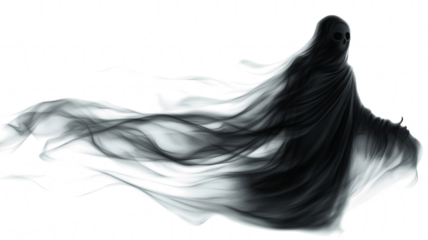 Realistic Halloween ghost shadow PNG. Transparent isolated phantom. Flying spooky dead soul. Black smoke transparent horror monster.
