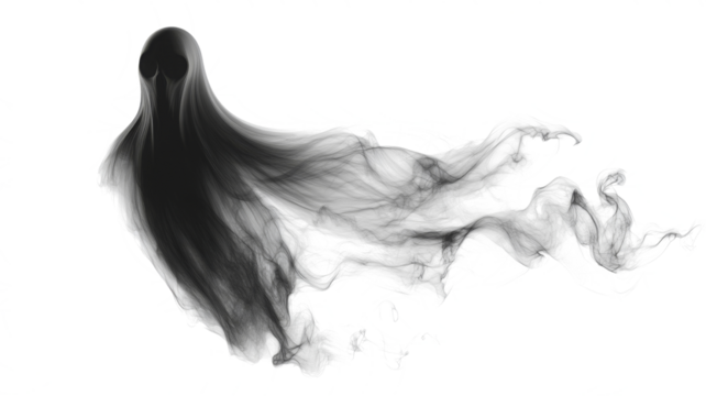 Realistic Halloween ghost shadow PNG. Transparent isolated phantom. Flying spooky dead soul. Black smoke transparent horror monster.