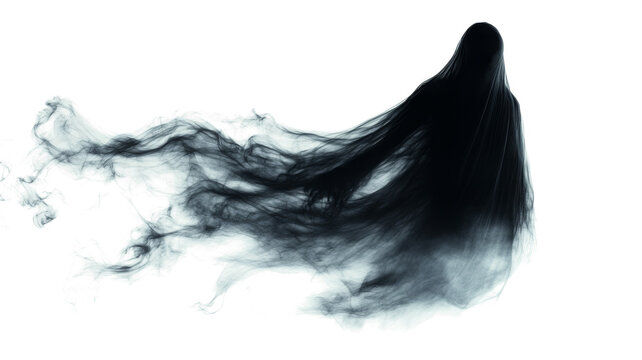 Realistic Halloween ghost shadow PNG. Transparent isolated phantom. Flying spooky dead soul. Black smoke transparent horror monster.