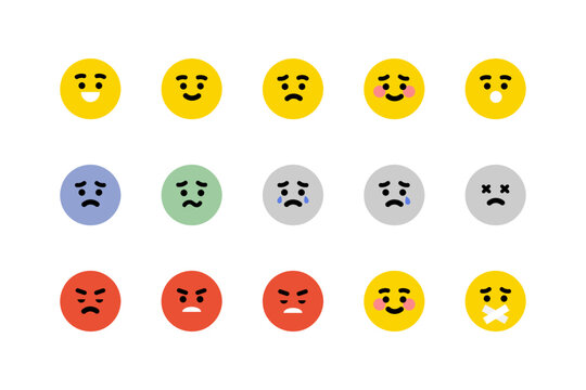 Naklejki Happy, sad, angry, tired, shy emoji face emoticon set. Round emoji with different mood. Feeling, emotion, facial expression concept. Flat cartoon character vector design isolated illustration.