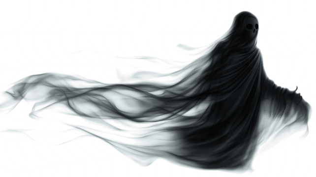 Realistic Halloween ghost shadow PNG. Transparent isolated phantom. Flying spooky dead soul. Black smoke transparent horror monster.