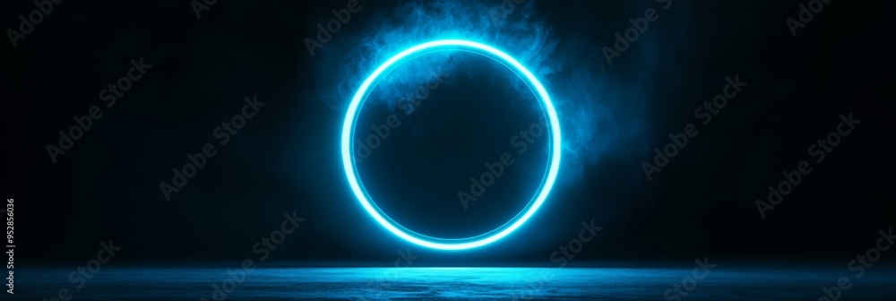 Poster a vibrant neon blue circle radiates luminescence against a dark background, creating a striking visu