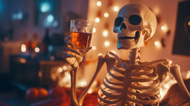Druk Skeletons having party at home. Halloween funny design concept.