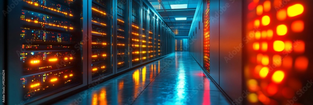Poster a low-angle perspective captures a cloud server rack in a modern data center, showcasing vibrant lig