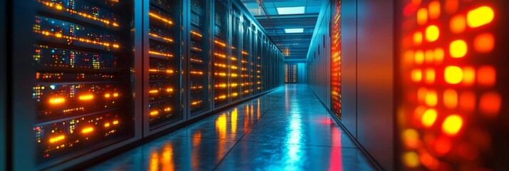 A low-angle perspective captures a cloud server rack in a modern data center, showcasing vibrant lights along the rows of servers and reflective flooring under artificial lighting