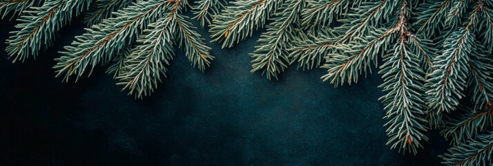 The dense fir tree branches showcase lush greenery with frosted tips that create a captivating contrast against the dark backdrop in winter