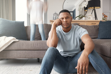 Burnout, portrait of exhausted father and child on sofa in living room of home for adhd or autism....