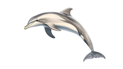 Fototapeta premium A playful dolphin leaping out of the water, captured on a white background. The dolphin is shown in mid-air, highlighting its graceful and dynamic movement.