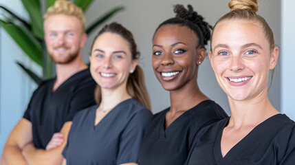 Fototapeta premium a diverse kitchen team in matching uniforms, posed confidently in a state-of-the-art commercial kitchen