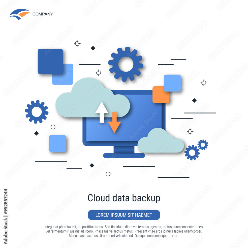 Poster cloud data backup, remote server, cloud database flat design vector concept illustration