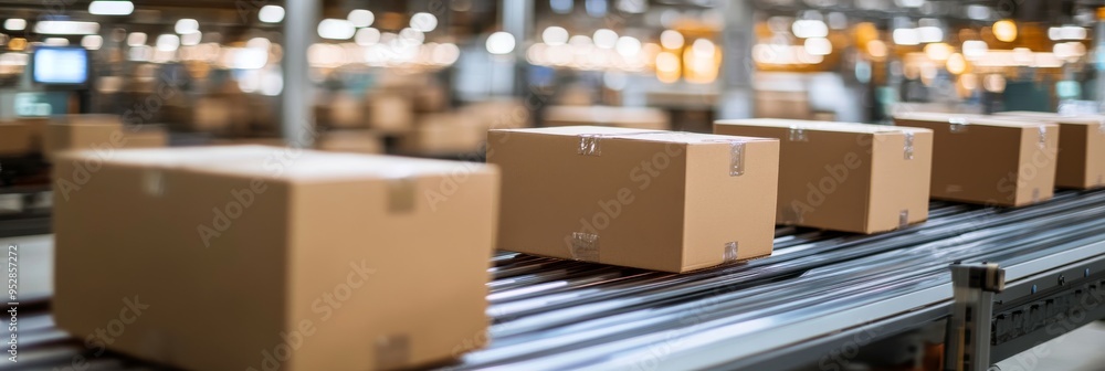 Poster a series of cardboard boxes moves continuously on a conveyor belt in a busy distribution center fill