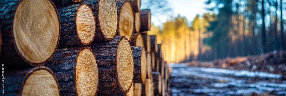 Poster neatly stacked rows of cut tree trunks fill the frame, showcasing the quality of wood under soft gol