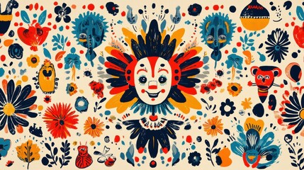 Fototapeta premium circus doodle art, vibrant doodle designs with circus themes showcasing clowns, acrobats, and animals in a classic retro style