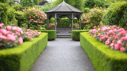 A serene garden with a stone path leading to a small gazebo, surrounded by blooming roses and manicured hedges