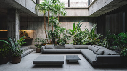 Modern Interior Design with Tropical Plants and Concrete Architecture