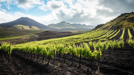Fototapeta premium Volcanic vineyard at sunset. Grapes harvest in autumn season. Landscape in Lanzarote, Geria, Tuscany, Italy, Spain, Europe. High quality photo