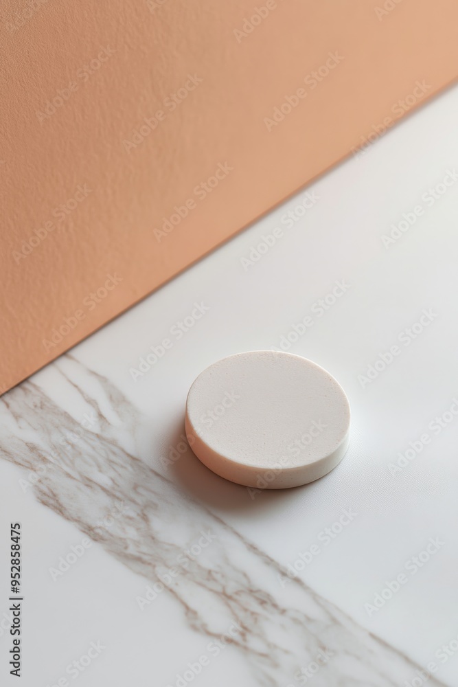 Poster a round, smooth white object rests on a minimalist diagonal layout featuring a beige and white surfa