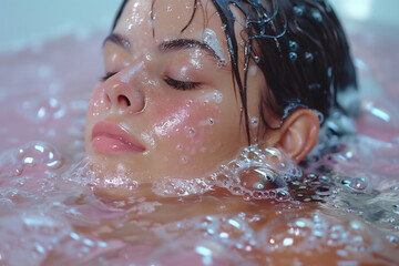 Young woman enjoying a relaxing bubble bath with skincare in a serene setting surrounded by soft pink hues and calming water