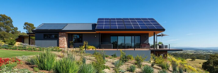 A contemporary house with solar panels on the gable roof stands amidst a vibrant landscaped garden, showcasing an eco-friendly design against a backdrop of clear blue skies