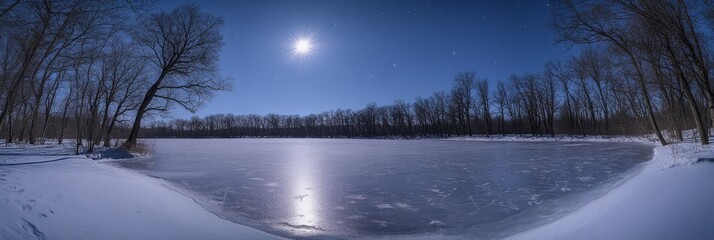 Snow-covered trees surround a frozen lake, reflecting the bright moonlight on a serene winter night, creating a peaceful and beautiful atmosphere