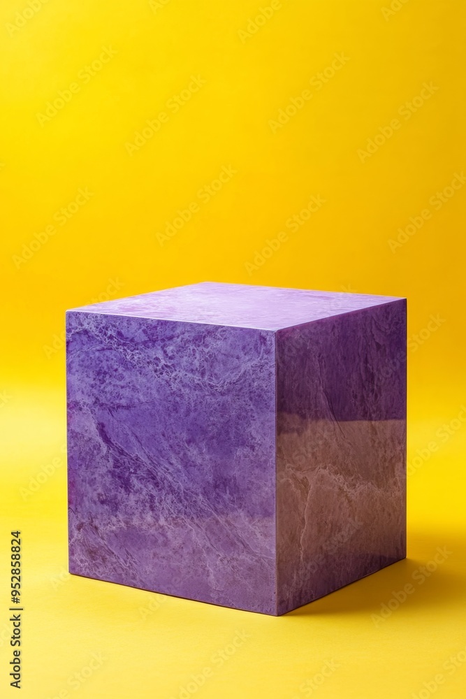 Poster a large polished purple cube is prominently displayed against a bright yellow background, highlighti