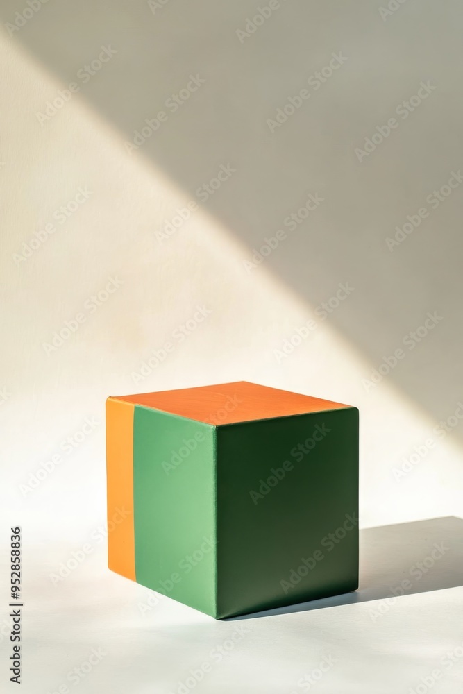 Poster a minimalist composition features a large green and orange cube positioned on a white background, il