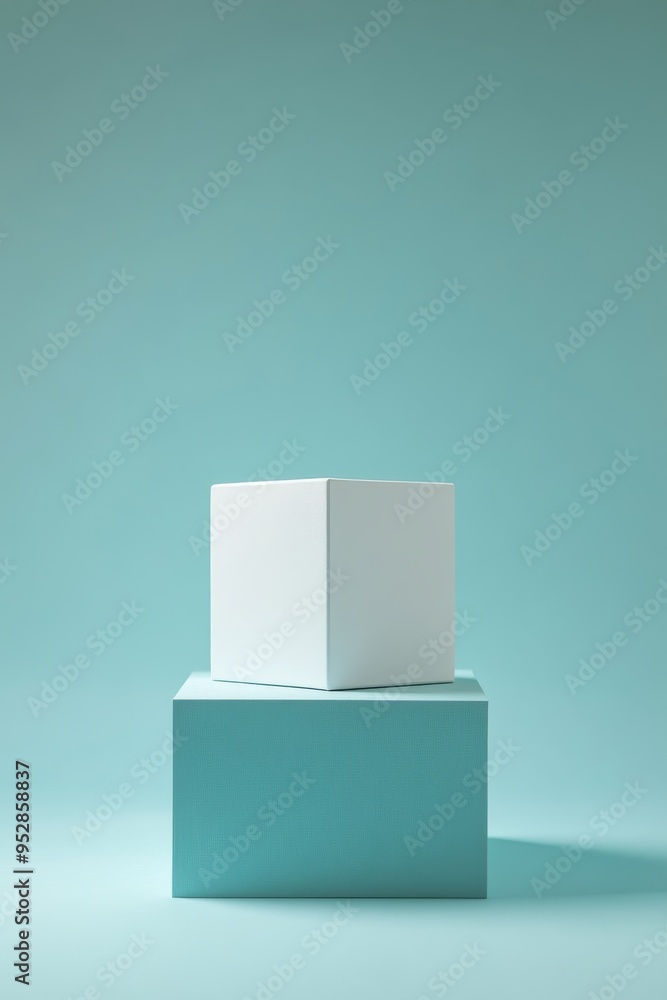 Poster two large empty white boxes are stacked against a soft light blue backdrop, creating a spacious and 