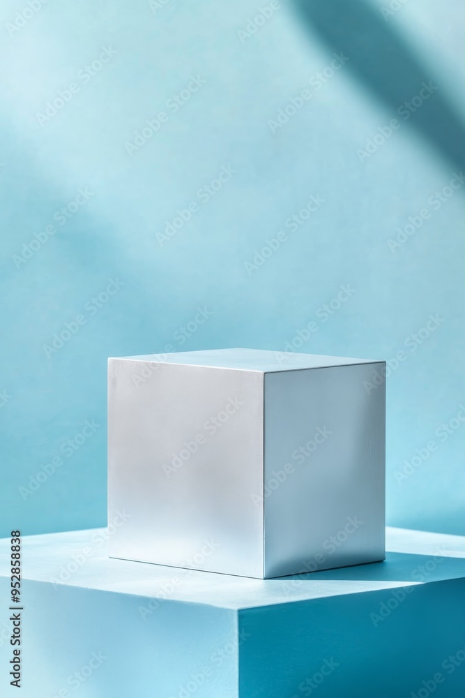 Poster the composition features a large white cube positioned on a blue surface, creating a clean and minim