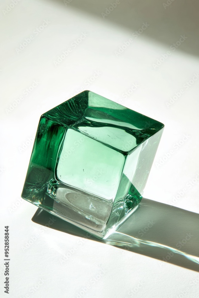 Poster a transparent green glass cube rests on a large empty white surface, casting a subtle shadow that en