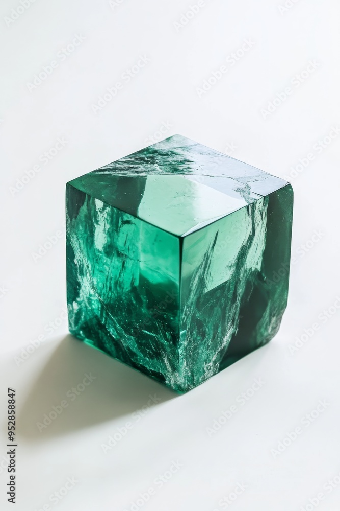 Poster this composition features a striking green mineral cube positioned on a large empty white background
