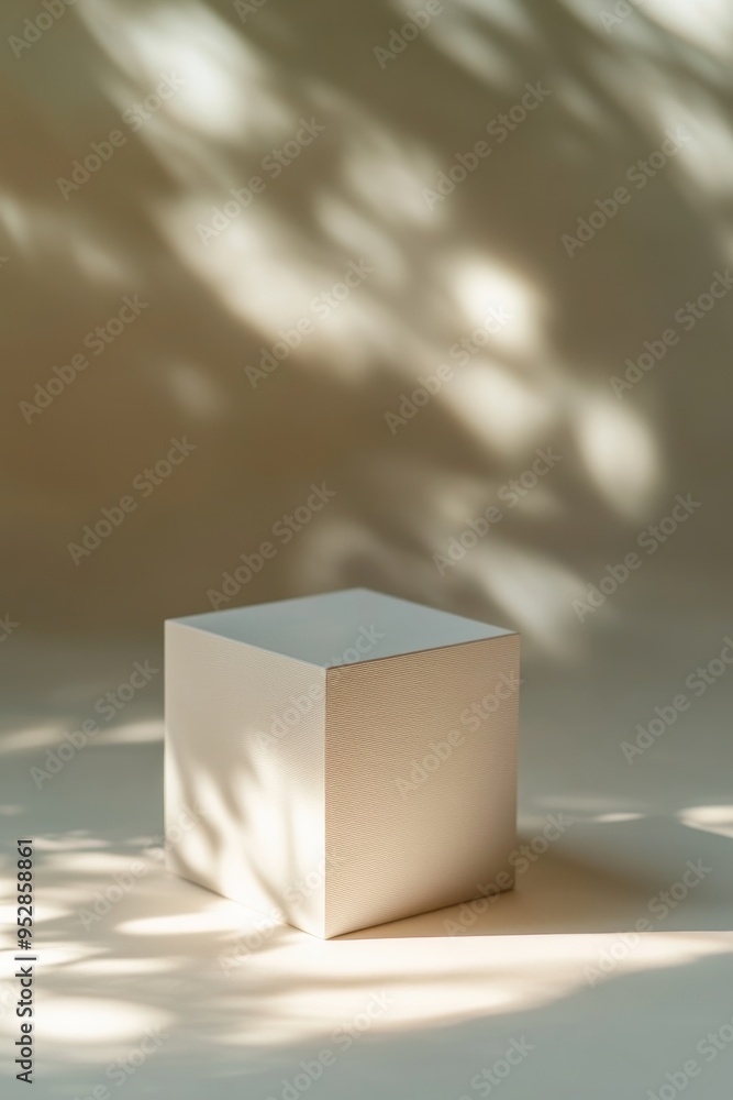 Aufkleber a large white cube sits centrally against a neutral backdrop, casting soft shadows that create an el