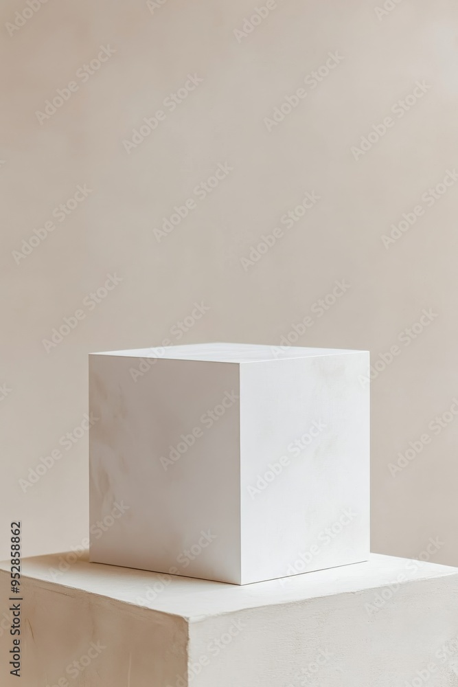 Poster a large white cube stands starkly against a soft neutral background, creating a serene and spacious 