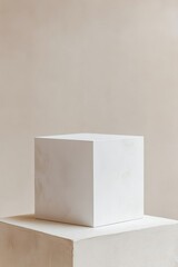 A large white cube stands starkly against a soft neutral background, creating a serene and spacious environment ideal for showcasing products or artistic concepts