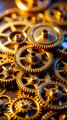 a macro shot of small brass cogs meshing together, bright natural light