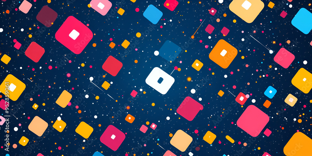 Poster colorful abstract geometric shapes scattered across a dark blue background, creating a vibrant digit