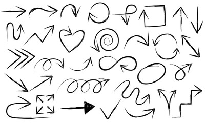 Brush pen hand drawn arrows. Vector illustration of hand painted crayon check lines. Doodle curved chalk darts. Texture design elements of scribble lines. 