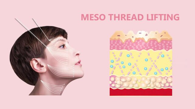 Meso thread Lift. Young female with clean fresh skin. Beautiful woman. face and neck. Lifting by threads concept - 2D animation.