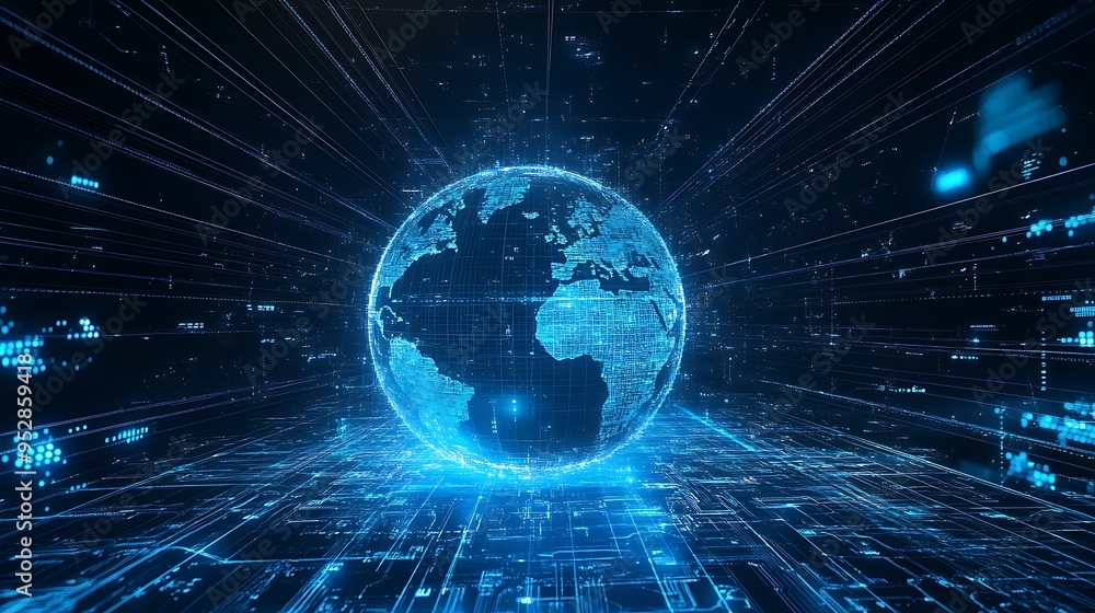 Aufkleber digital globe with abstract blue lines and data flow