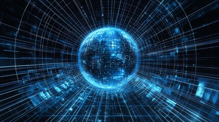 A glowing blue sphere within a digital tunnel