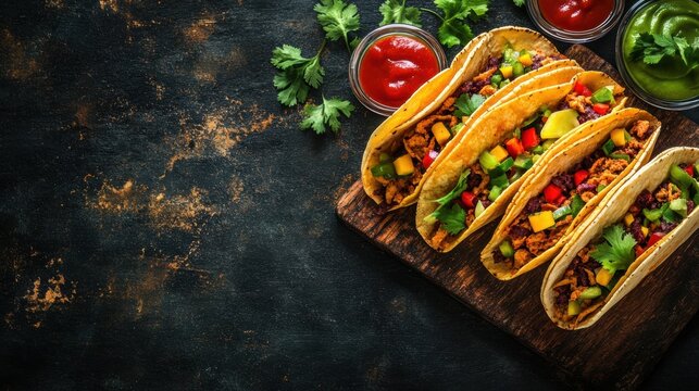vibrant tacos and nachos on table, fast food backdrop with room for text