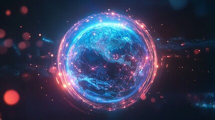 Illuminated Earth with Network Connections and Glowing Trails
