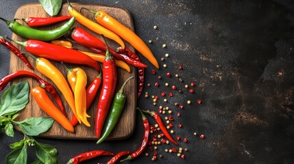 Bright assortment of fresh chili peppers on a wooden cutting board