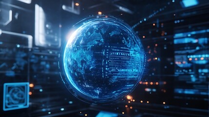 Fototapeta premium A Holographic Earth Globe Surrounded by Blue Screens and Digital Data