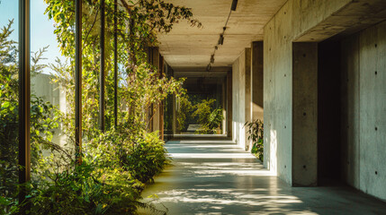 Obraz premium Modern Concrete Hallway with Natural Light and Green Plants