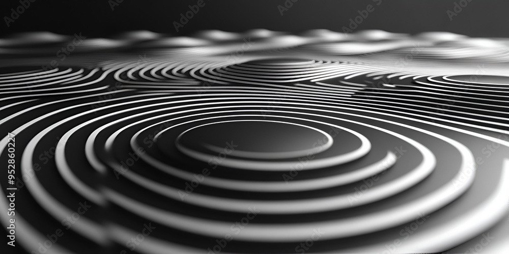 Poster elegant black and white abstract pattern featuring concentric circles on a smooth surface, showcasin