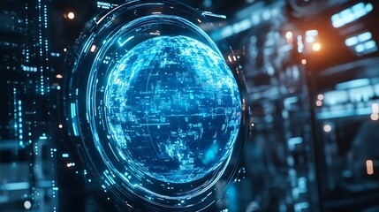 Blue Digital Globe Enclosed in a Futuristic Interface