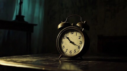 Naklejka premium Whispers of midnight: the silent strike of a vintage alarm clock in the stillness of a dark room, echoing nostalgia and the passage of time